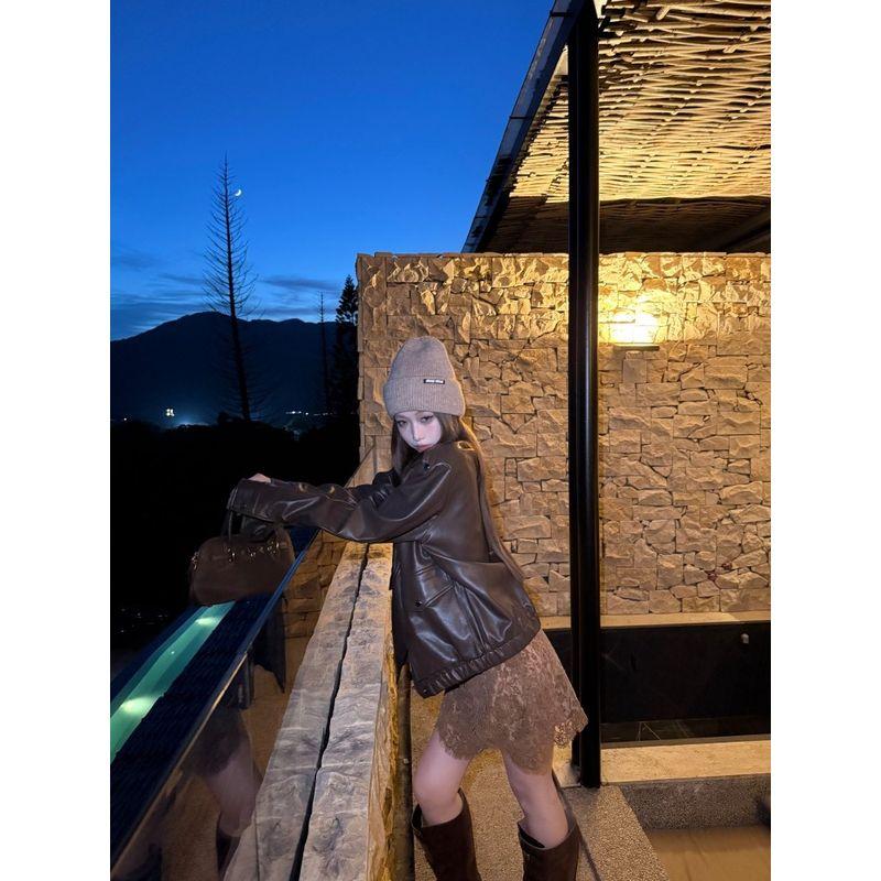 Sweet Cool Sexy Suit Loose Jacket Brown Leather Coat Women's Clothing Fall Lace Sling Dress Two-piece Set