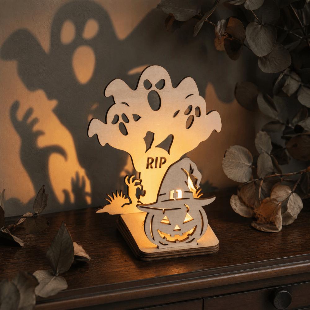 Wooden Material Shadow Projection Candle Holder Pumpkin Shadow Candlestick Halloween Party