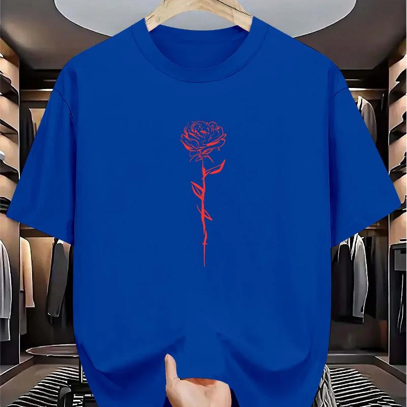 Herren Sommer Kurzarm Rundhals T-Shirt - Lässiges Sportswear Layering Basic Shirt, Geometrischer Rosenprint,