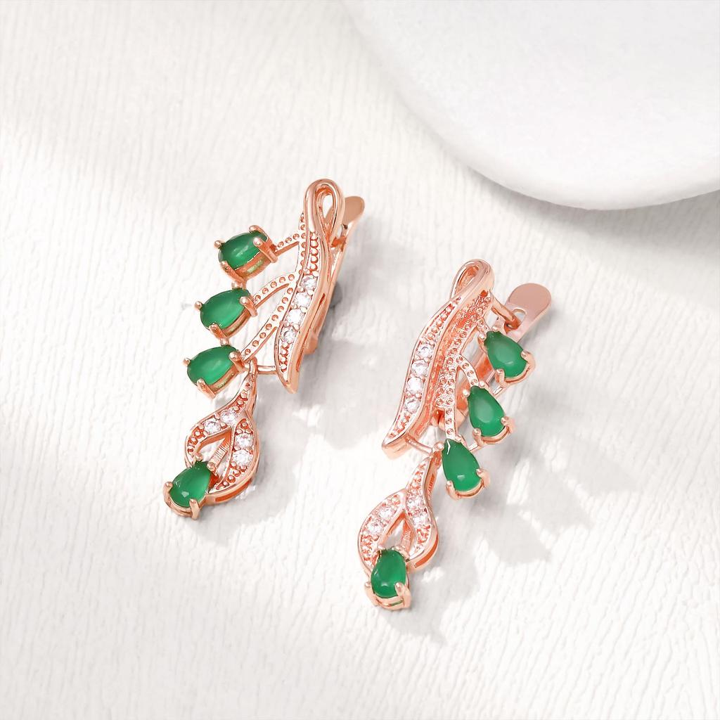 Elegant New Fashion Copper Earrings with Green Gemstone and Zircon