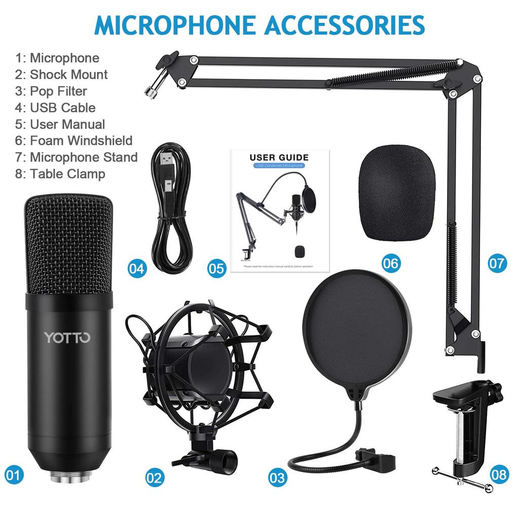 YOTTO USB Condenser PC Microphone Set with Microphone Pop and Arm Stand for Live and Game Commentary Microphone, Microphone, Stand, Filter, Recording,