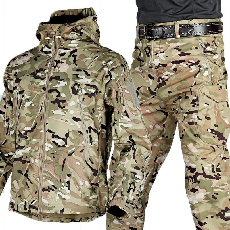 Direct Sales Sharkskin Soft Shell Suit Outdoor Velvet Thick Clothes Wear-resistant Camouflage Assault Pants