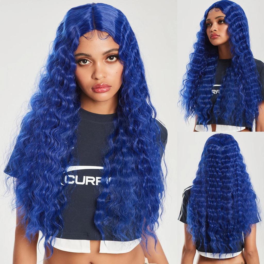 LOUIS FERRE Long Deep Wave Wig Brown Highlight Crimps Curl Synthetic Hair Wigs Lace Front Wig for Women with Babyhair for Daily