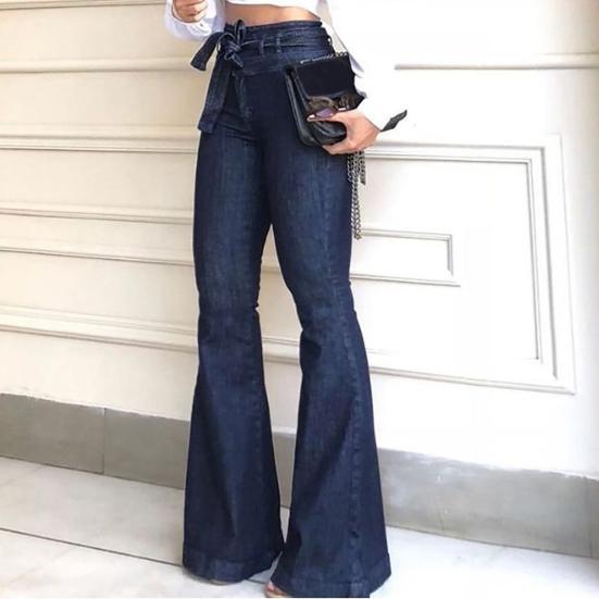 Women Jeans High Stretch Wide-Leg Pants Lace-up Button Zipper Fly