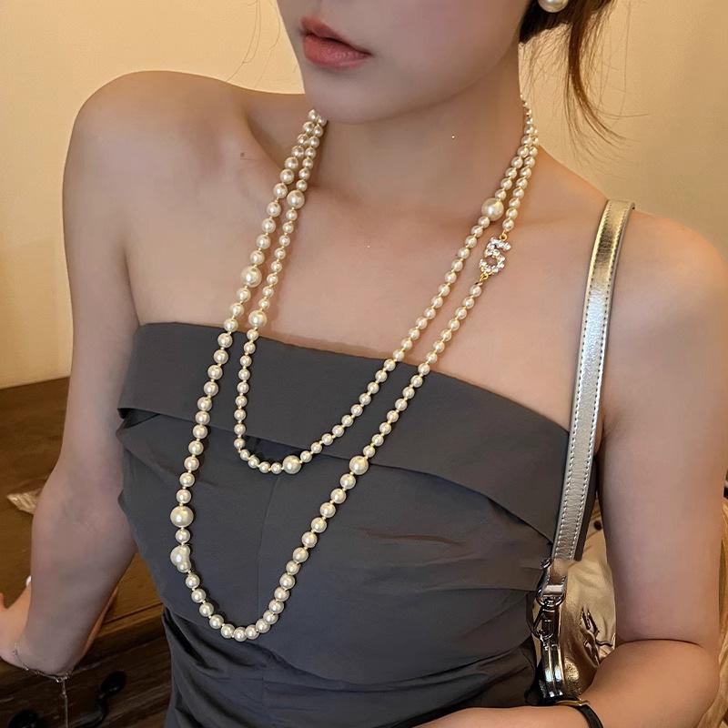 French retro zircon digital pearl necklace accessories women s beaded sweater chain light luxury items