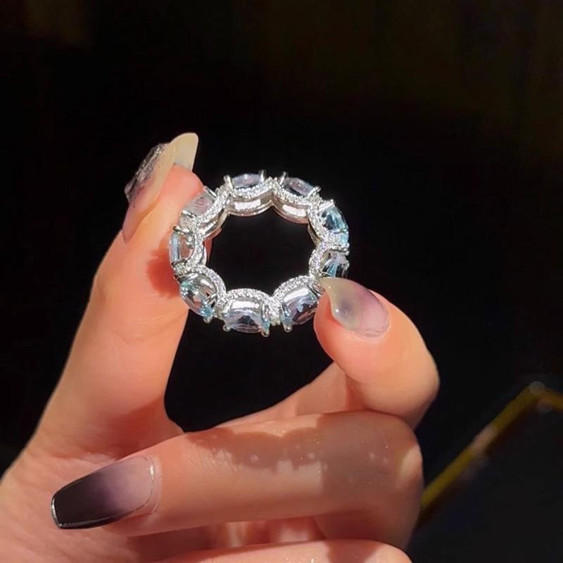 Luxury Shiny Blue Zircon Rings For Women Girls Exquisite Rhinestone Splicing Knot Knuckle Ring Bride Wedding Party Jewelry Gift