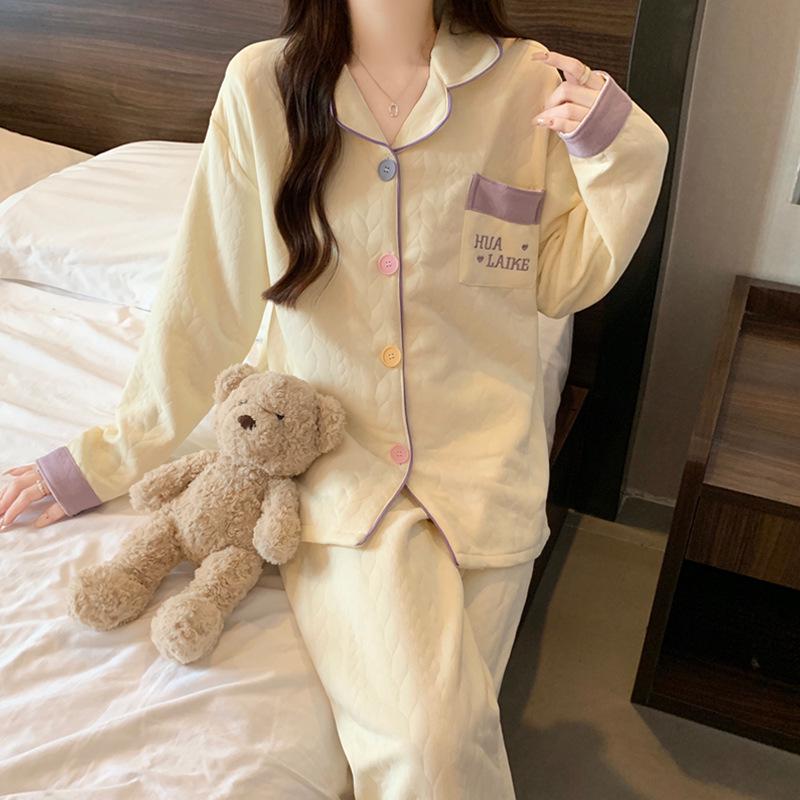 Set de pijama din bumbac aerat pentru femei: Cardigan cu mâneci lungi cu broderie - Casual și călduros pentru primăvară și toamnă