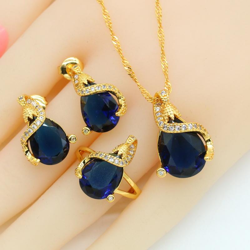 Pear Shaped Red Blue Stones Gold Color Jewelry Set For Women Stud Earrings Necklace Pendant Rings Gift Box
