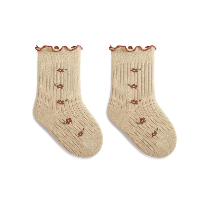 1 para estetycznych skarpetek z kwiatową koronką dla dziewczynki, retro bezszwowe skarpetki do połowy łydki z kwiatami dla malucha, miękkie bawełniane pończochy