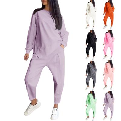 Women's Fashion Solid Color Round Neck Long Sleeved Loose Irregular Sweatshirt Set