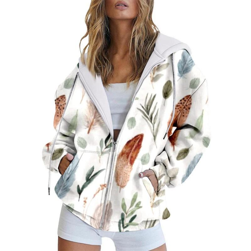 Womens Oversized Hooded Zip-Up Sweatshirt With 3D Digital Print Casual Loose Fit Winter