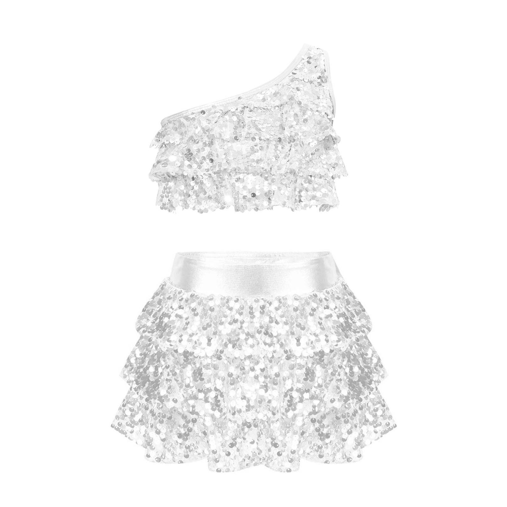 

Дитячий костюм для танцювального одягу з блискітками для дівчаток, комплект металевого укорочуваного топу зі спідницею, джазовий латиноамериканський костюм срібний