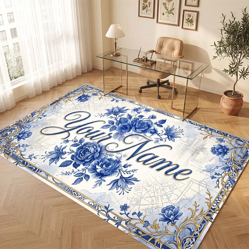 Floral Garden Theme Crystal Velvet Floor Rug Personalized Custom Name Text Warm Carpet Home Decoration