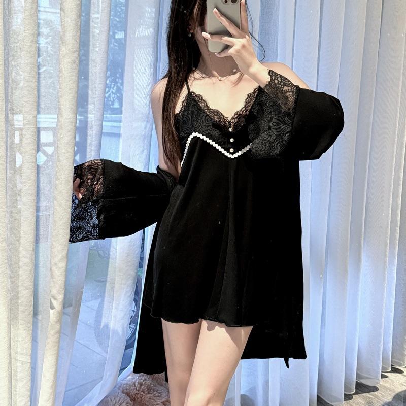 1011 autumn and winter new sexy suspender nightdress with chest pad two-piece set Modal lace sexy pajamas women