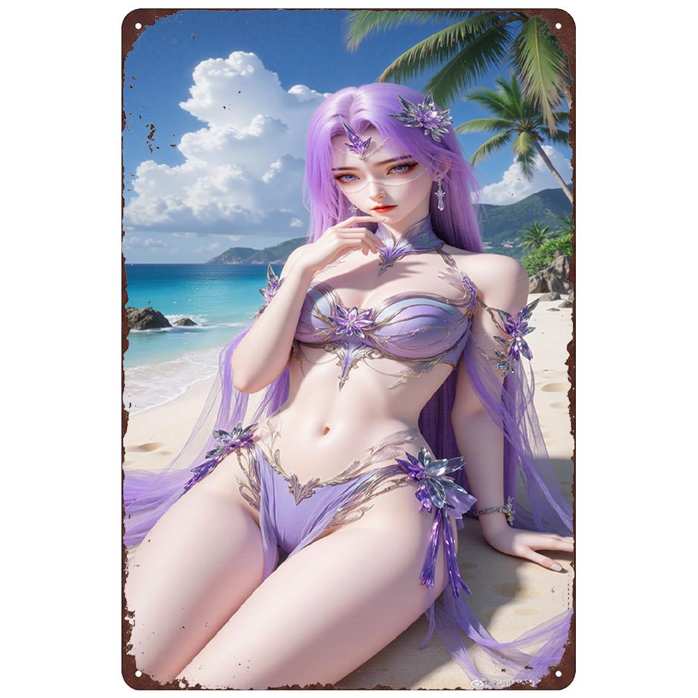 Vintage Retro Metal Tin Sign Yue Liu Fairy from Perfect World Anime Beach Theme Wall Art for Bedroom Bar Game Room Decor