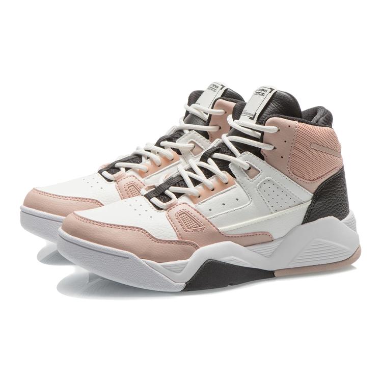 New LINING Vintage Basketball Shoes Women's High Top Ecru/Tea Orange Pink/Black AGBR084-2