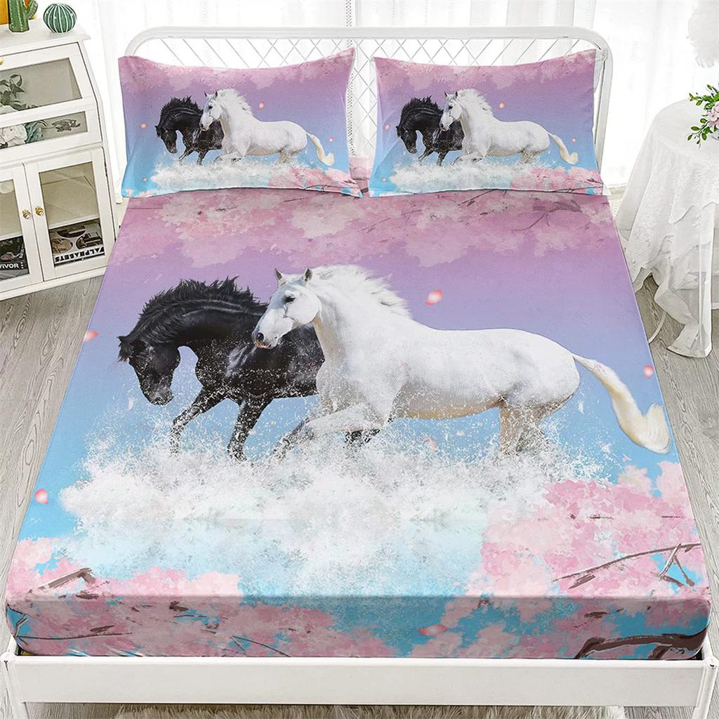 Horse Single Fitted Sheet,Animal Horse Bed Sheets Deep Pocket 30 cm,Microfibre 3D Bed Sheet with Pillowcase for Kids and Aldults