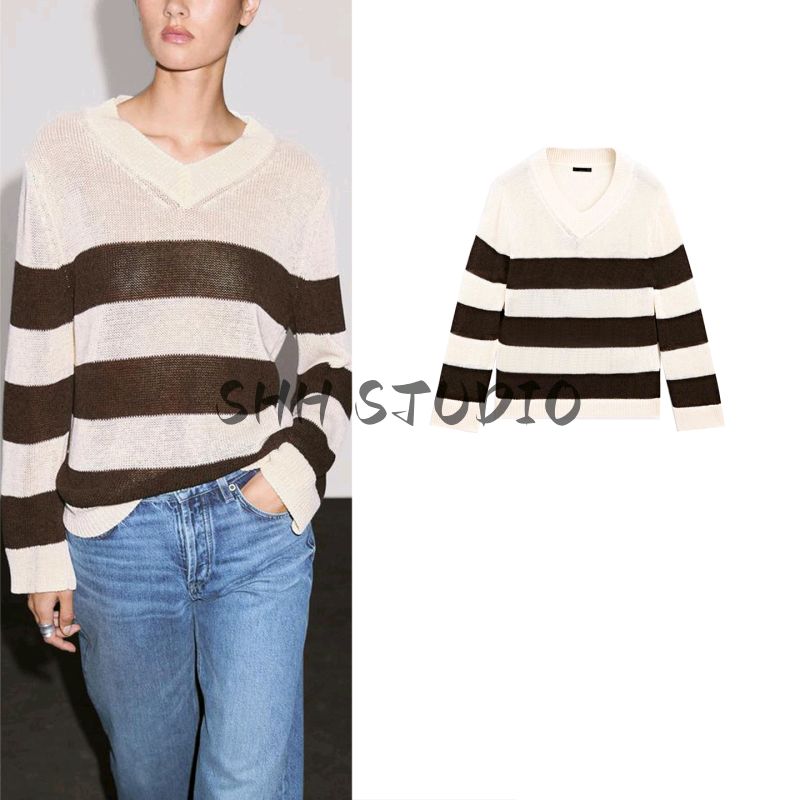 MD Spring/Summer New Arrival Women's Clothing Casual Nautica Style Lightweight Stripes V Neck Sweater Long Sleeve Knitwear 5790728