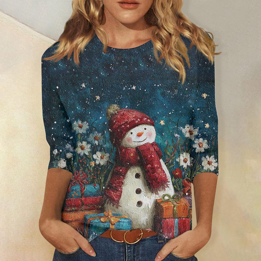 3/4-Ärmel-Shirts für Damen Druck Weihnachts-T-Shirts Blusen Lässig Übergröße Basic-Oberteile Pullover