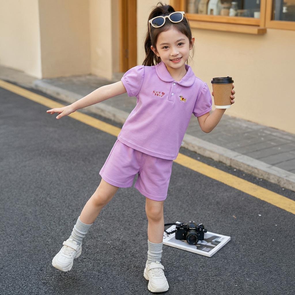 Girls' Short-sleeved T-shirt Set For Summer Children's Casual Embroidered Polo Shirt Set