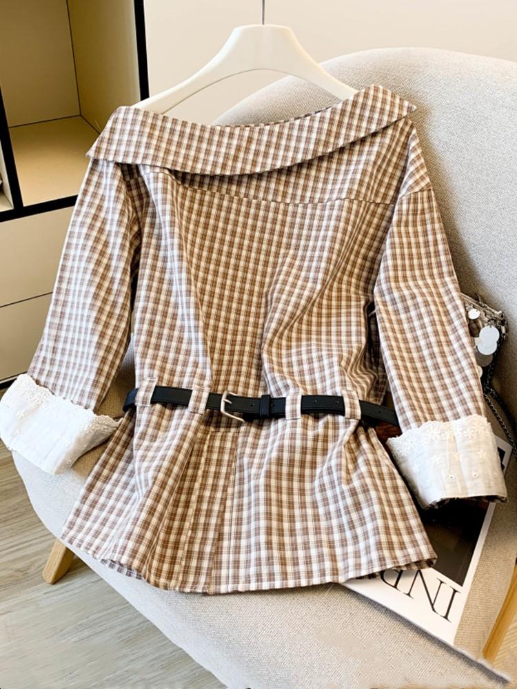 Long Sleeve Plus Size Sexy Off the Shoulder Plaid Casual Spring Autumn T Shirt Tops Women T-shirt