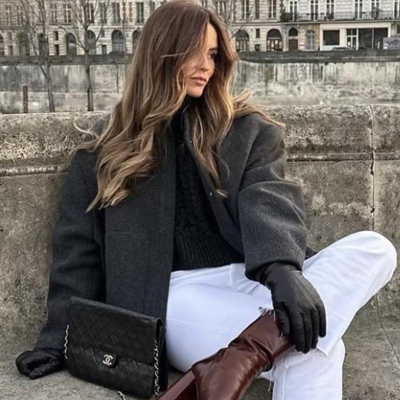 2023 Módní minimalistický vlněný kabát s dlouhým rukávem a kapsami pro podzim a zimu