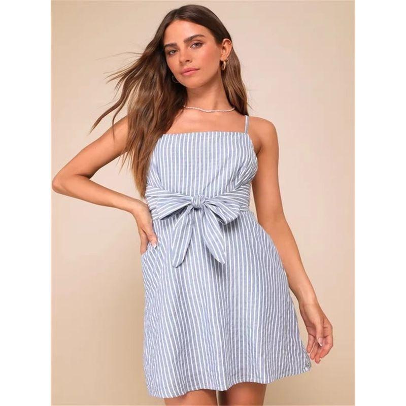 

Export Lu s Suspender Stripes Cotton Bandage Stylish Square Collar off-Shoulder Elegant Retro Easy Matching Fashion Dress Blue and White Stripes S