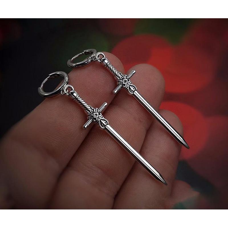 Gothic Punk Silver Sword Pendant Earrings