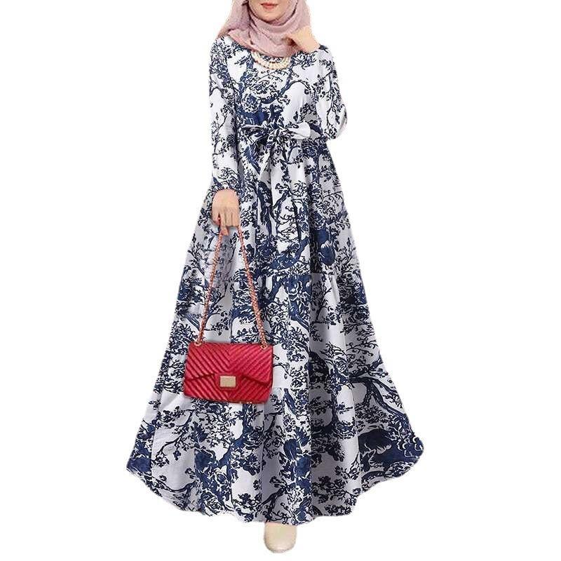 Wiosenno-jesienna sukienka damska Plus Size Sukienki z lnu bawełnianego Długie sukienki Vintage Printed Pullover Długie suknie wieczorowe
