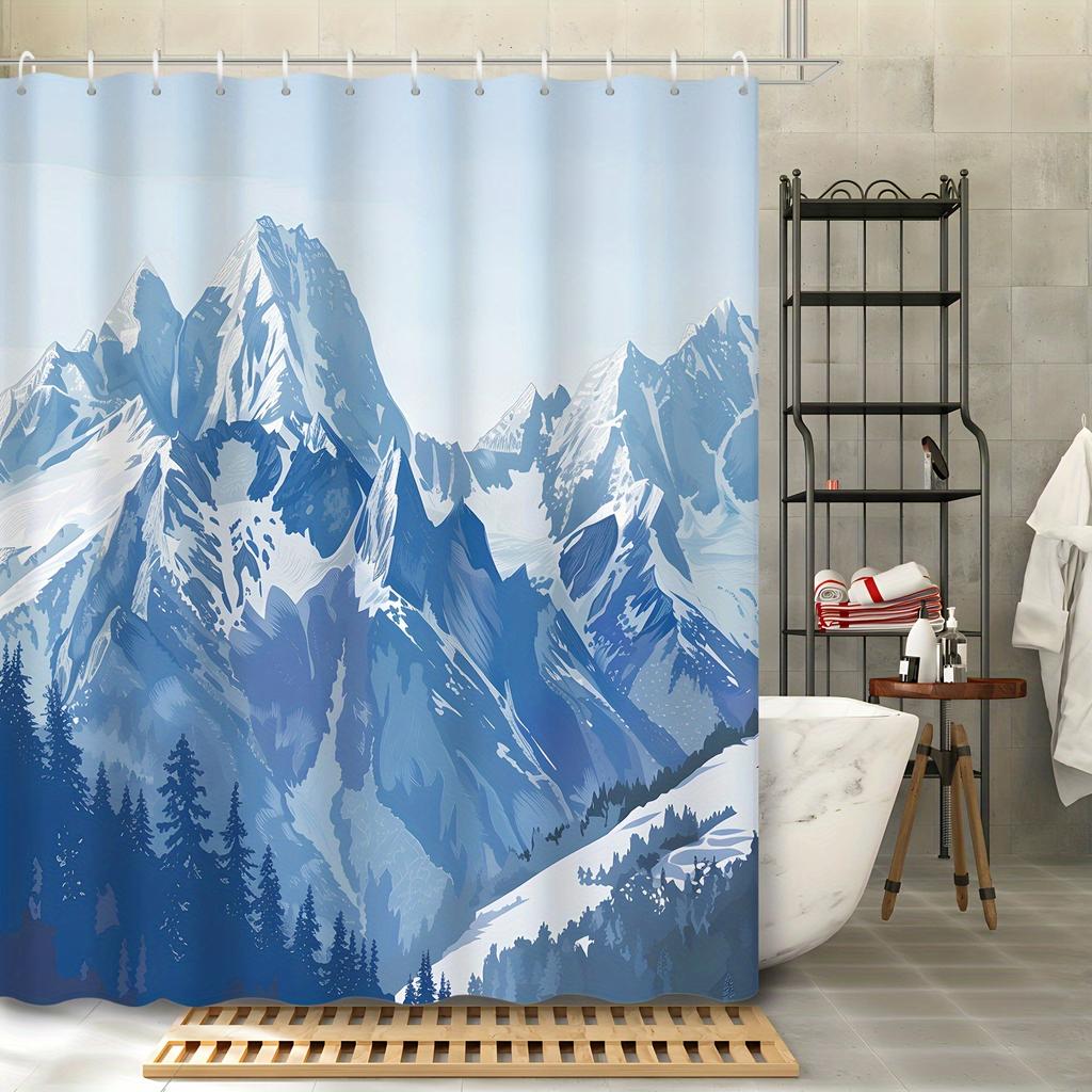 1pc modern abstract snow mountain range pine forest winter snowy scenery shower curtain, decorative printed bath curtain