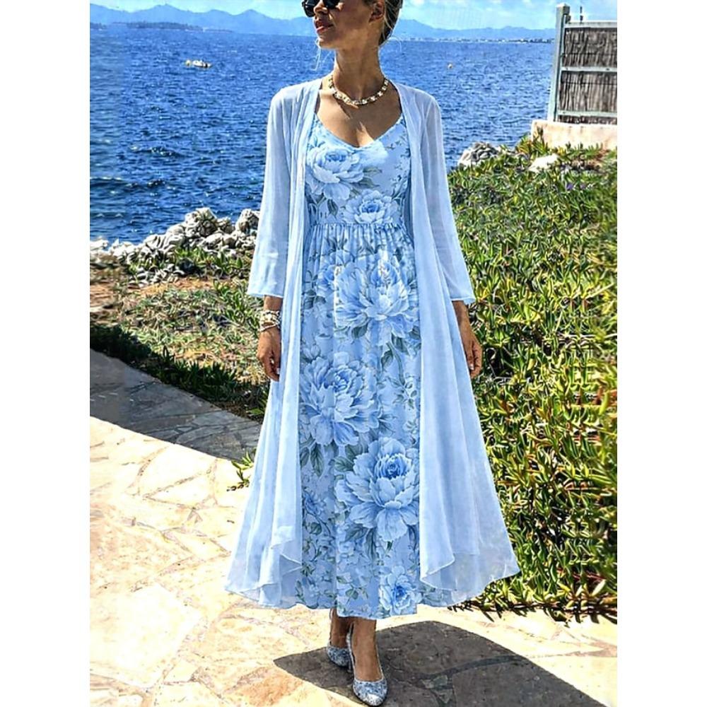 Women's V Neck Floral Print Maxi Dress Two Piece 3/4 Sleeve Chiffon Cardigan Elegant Casual Sundress Outfit Set