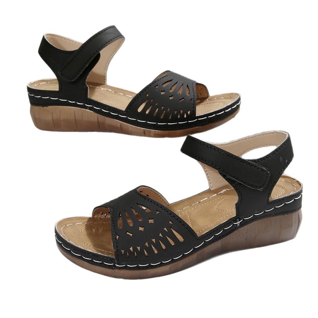 Large size wedge heel sandals summer new hollow flower thick sole one-word buckle with Velcro sandals