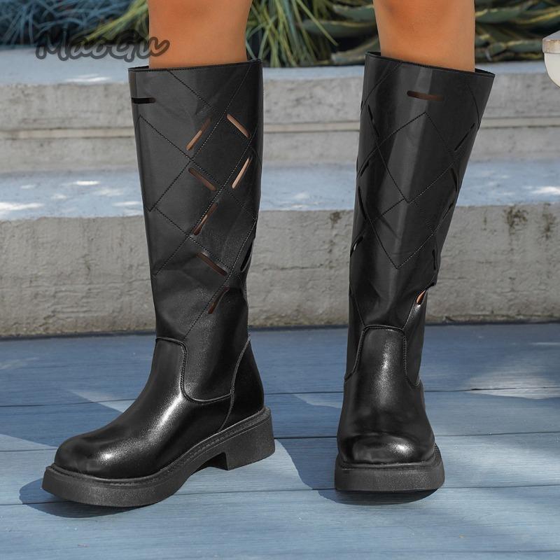 Fashion British Style Hollowed Out Knight Boots for Women Autumn New Thick Soled Knee-High Size 36-42 PU Black Beige Botas Largas Mujer