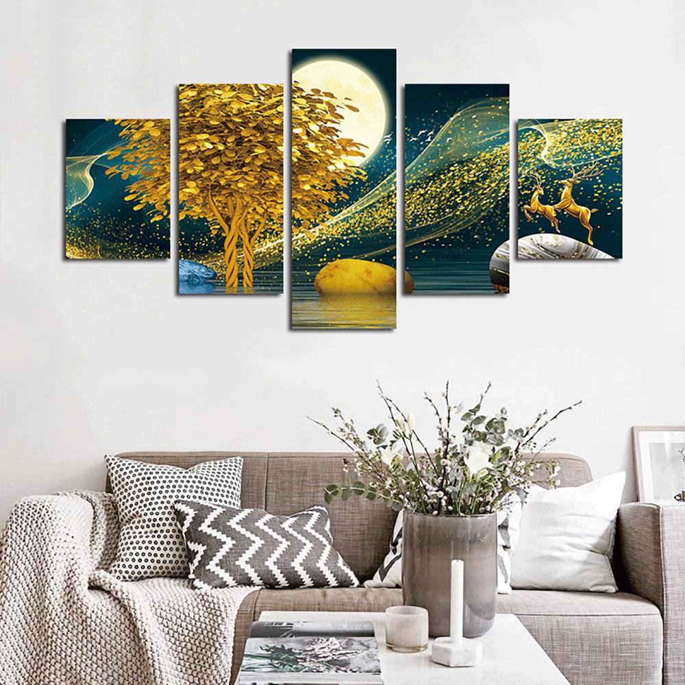 

Abstract 5 Pieces Wall Art Golden Tree Deer Moon Canvas Poster Painting Home Decoration Living Room Artwork Picture Bedroom 20X35 20X45 20X55CM