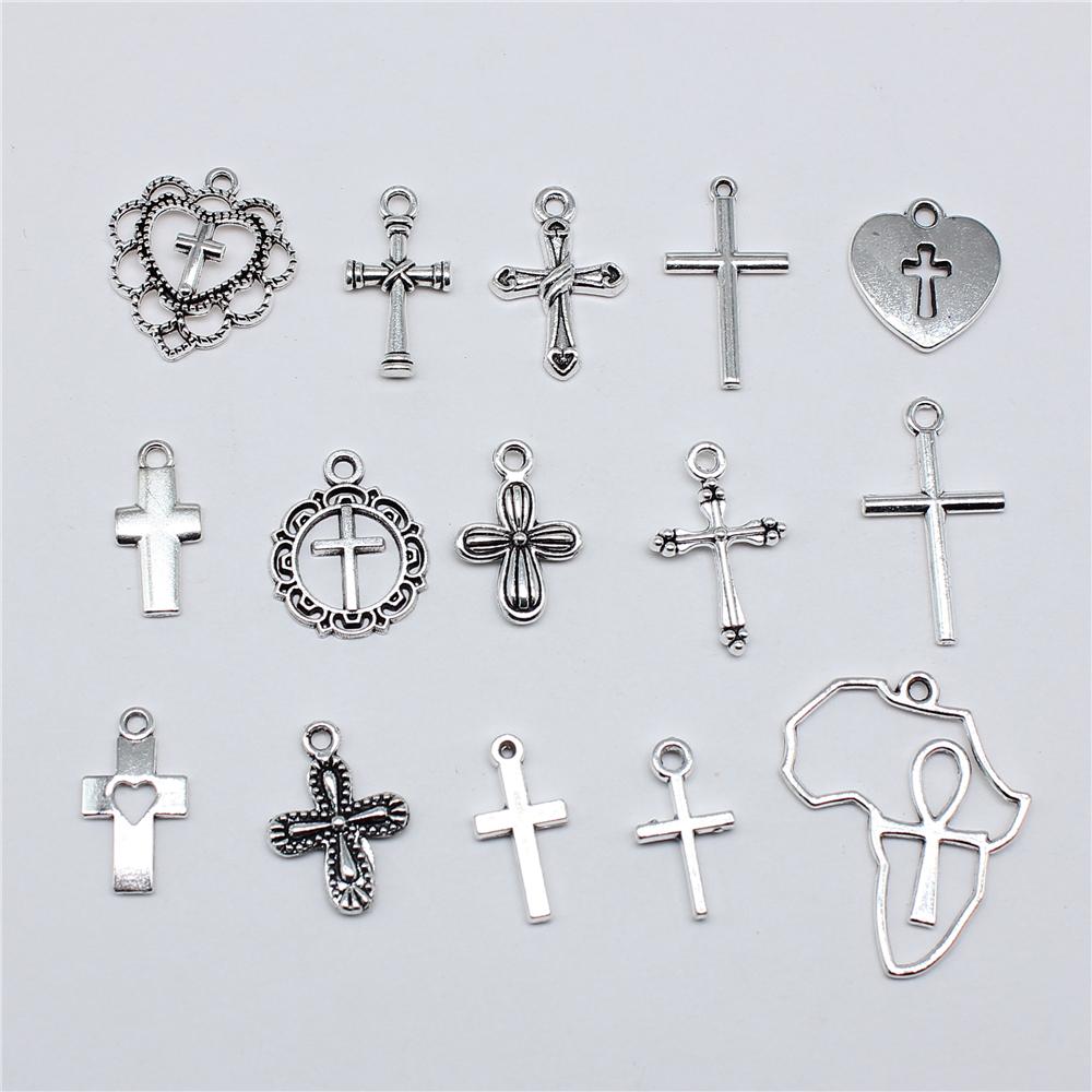 20pcs Cross Charms Handmade Pendant Making Fit Vintage Tibetan Bronze Silver Color DIY For Bracelet Necklace