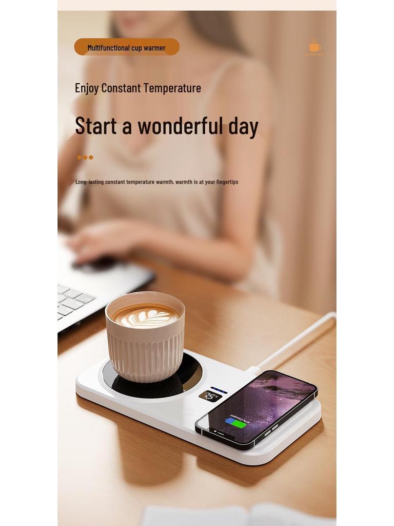 Smart Heating Coaster & Phone Charger - Desktop Temperature-Controlled Ceramic Plug-in