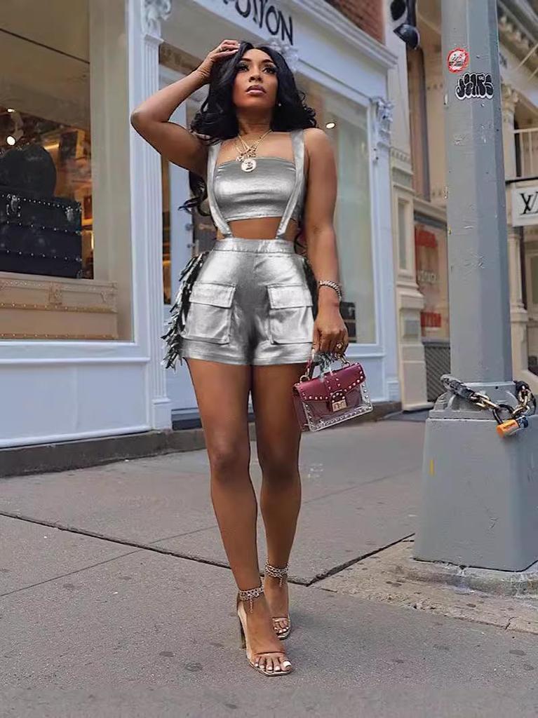 European and American Women’s Metallic Bandeau Fringe Suspender Shorts Set