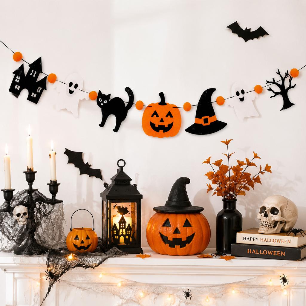 Halloween Banner Pumpkin Ghost Cat Hat Garland, Party Background Wall Hanging Decor, Holiday Themed Party Decoration Supplies