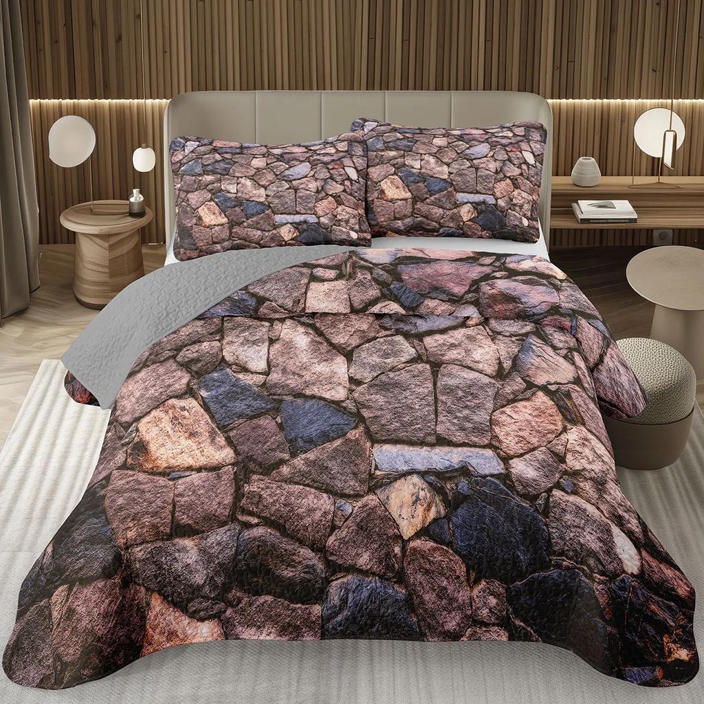 Pebble Quilt Set 3D Stone Gravel Queen Twin Bedspread Set - Garden Cobble Print Coverlet Sets Modern Artwork Quilted Bedding