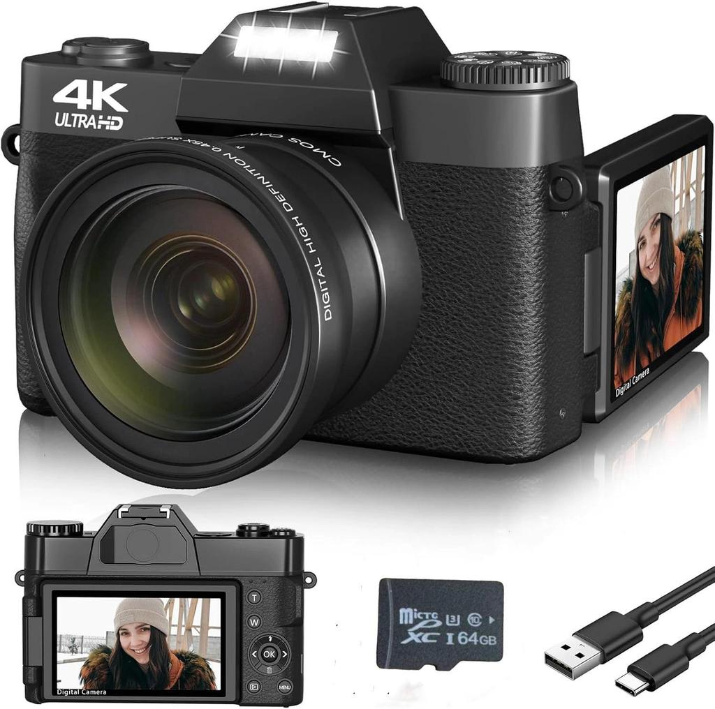 4K 48MP Digital Camera with Flip Screen & Wide-Angle Mirrorless LED