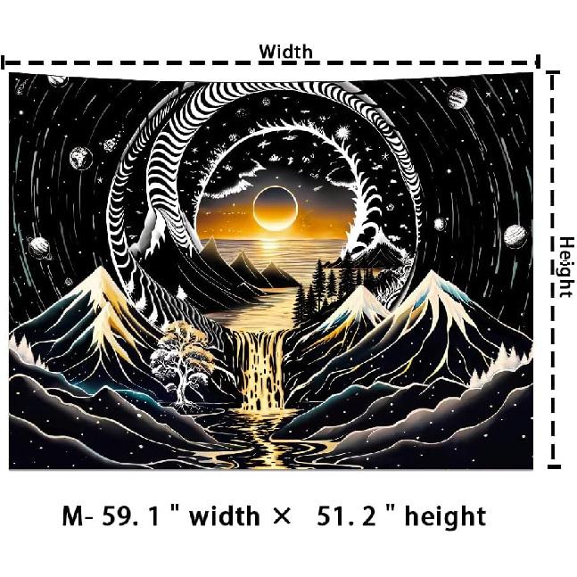 Amhokhui Black and White Tapestry Sun Mountain Tapestry Starry Night Aesthetic Tapestries Trippy River Landscape Tapestries Dark Wall Hanging Decor