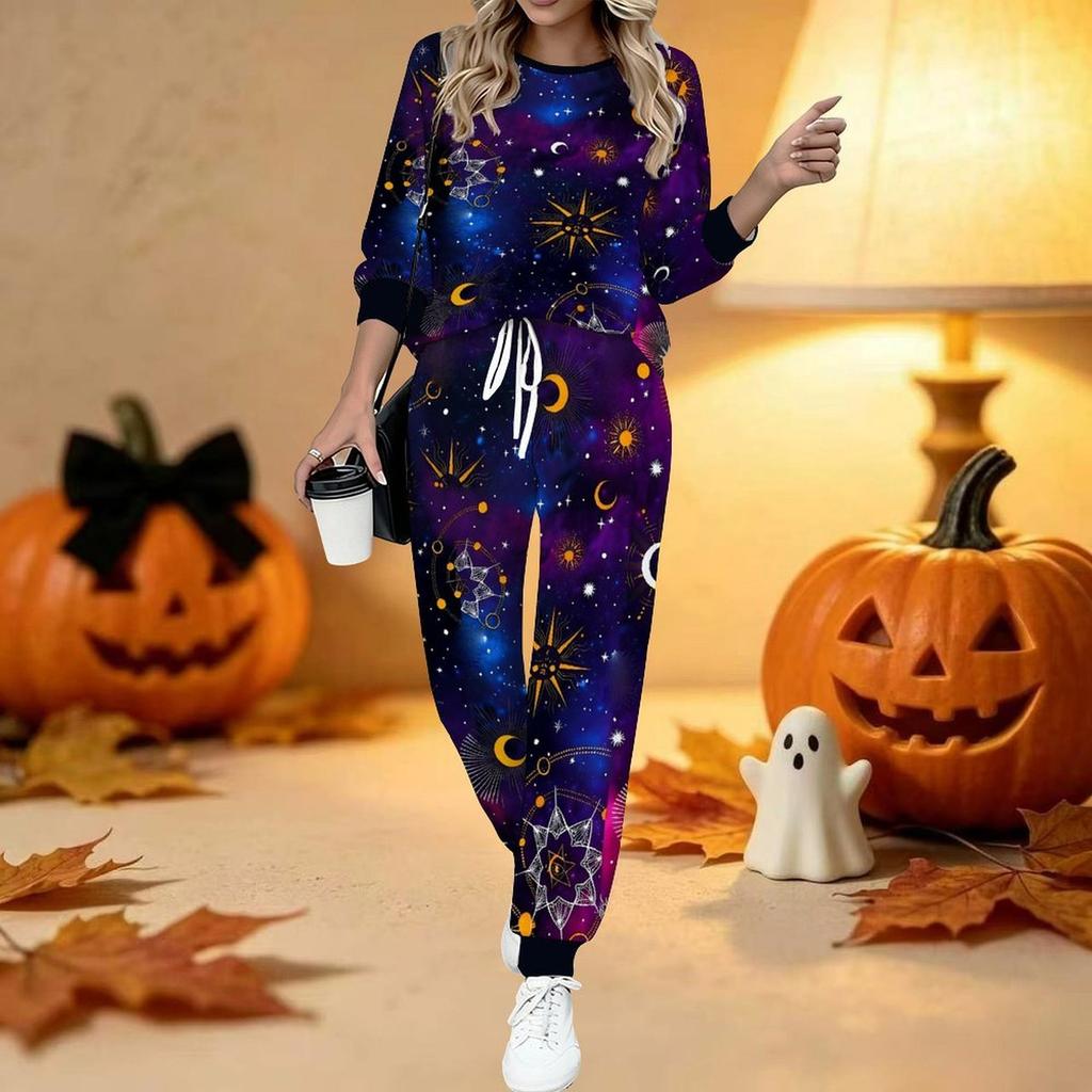 Conjunto de Dos Piezas con Estampado de Halloween para Mujer, Top de Manga Larga con Cuello Redondo y Pantalones Jogger con Cordón, Chándal Casual para Primavera Otoño