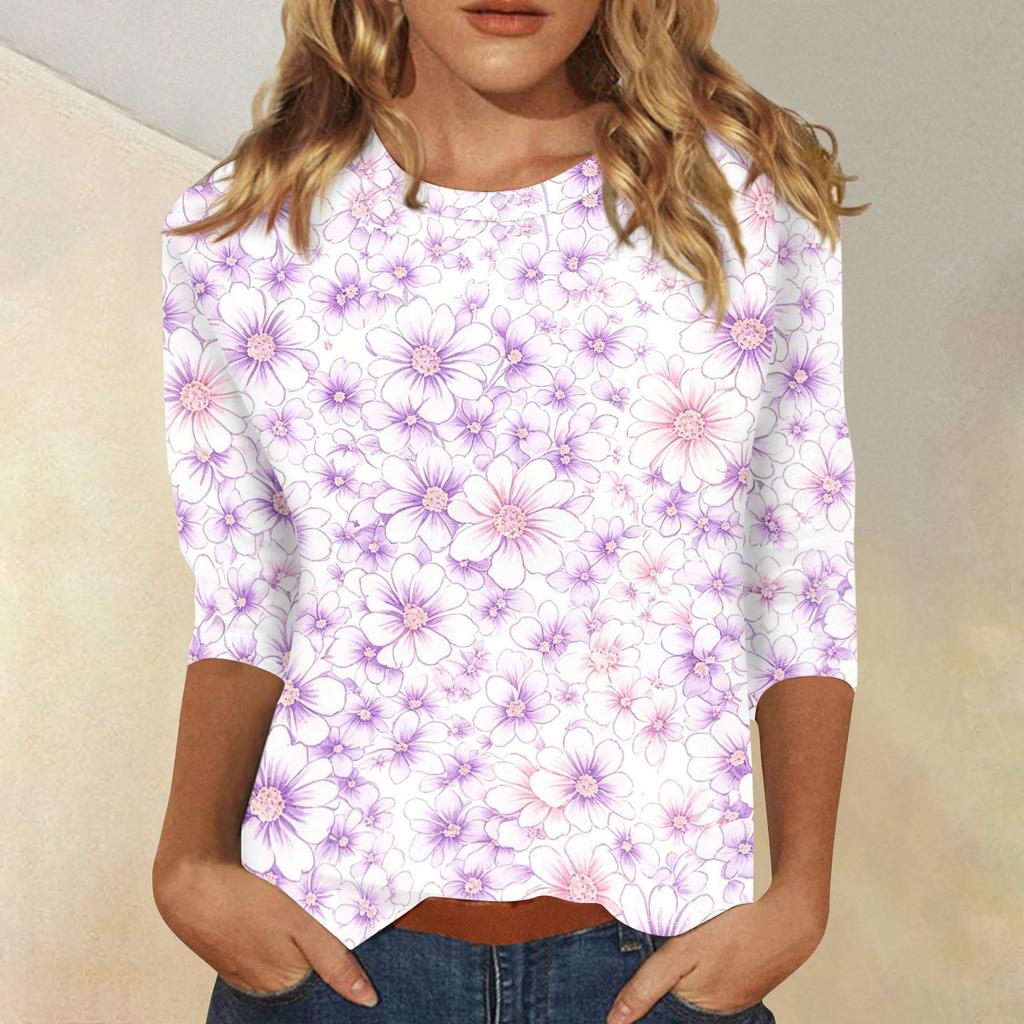 Women's Casual Floral Print Three Quarter Sleeve Top Round Neck Lightweight Comfortable Fit for Everyday Wear