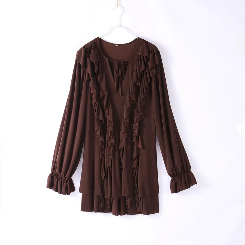 Elegant Lace Fold Dress Women Brown Deep V-neck Long Sleeve Mini Dresses Female 2025 Spring Summer Fashion Loose Lady Robe
