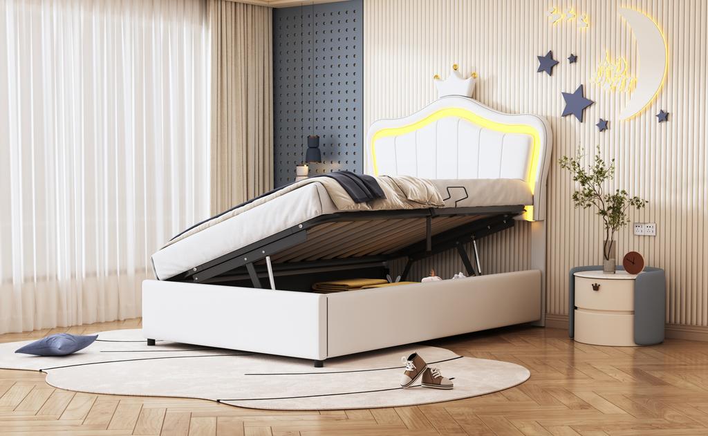 Dětská postel 90x200 cm, Design s korunou, LED osvětlení, Hydraulický úložný prostor, Výškově nastavitelná opěrka hlavy, Vysoký box s lamelovým roštem, Koženka, Bílá