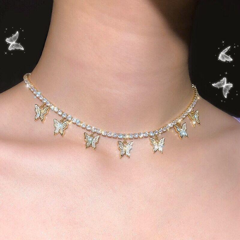 Crystal Butterfly Pendants Women Chokers Personality Gold Hollow Chain Choker Necklaces for Ladies Punk Collar jewellery