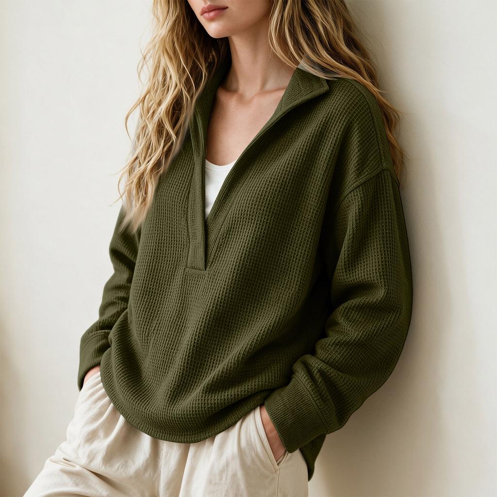 Women's Knit V-Neck Long Sleeve Sweatshirt Loose Fit Casual Pullover Top for Everyday Wear