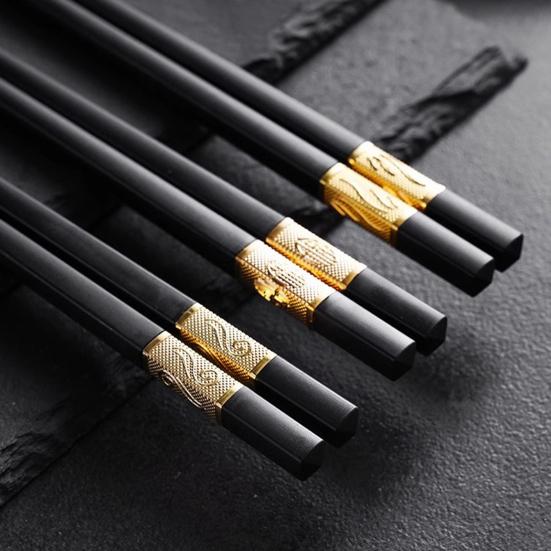 10 Pairs Plastic Chopsticks Black Gold Non-Slip Grip Micro-Tip Design Chopsticks Ergonomic Cylindrical Sushi Sticks for Chinese Japanese Food Elegant