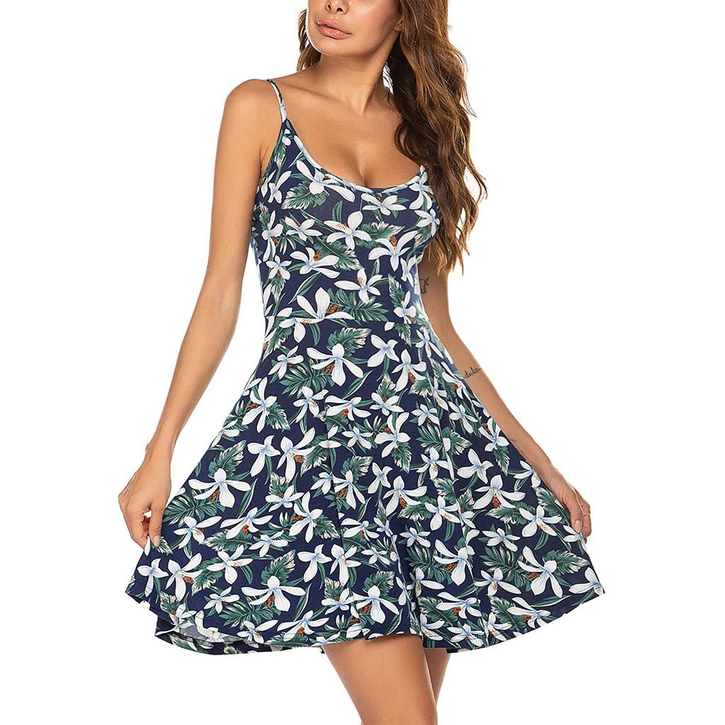Women's Fashion Casual Sleeveless Shoulder Strap Flower Flared Dress