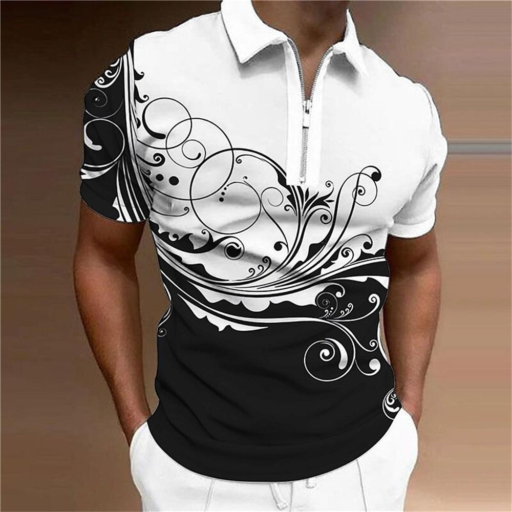 Fashion Zipper Polo Shirt For Men Floral Printed Daily Casual Short Sleeved Loose Oversized Shirt High Quality Men'S Clothing